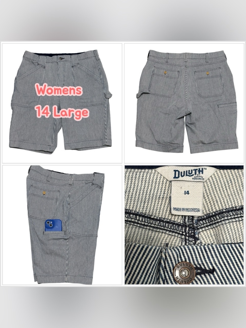 Womens Duluth Trading 14 Denim Jeans Shorts Bermuda Striped Navy Pockets Stretch
